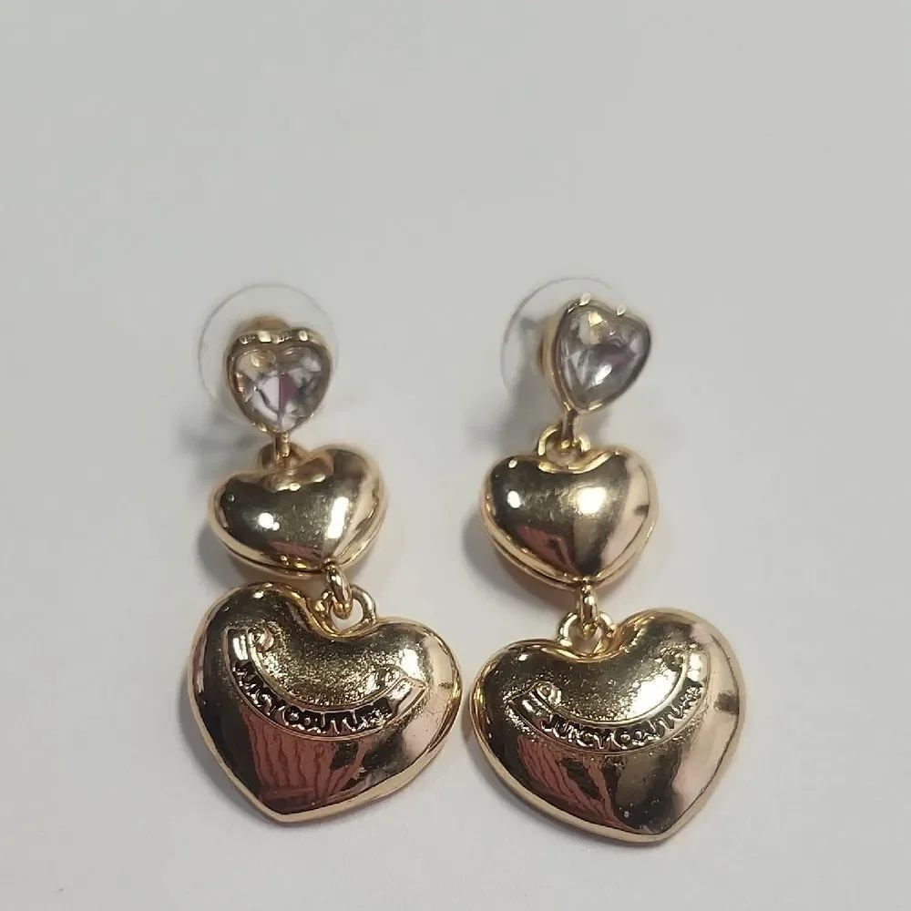 Juicy Couture triple Heart Earrings Gold Tone Rhinestone Logo Drop